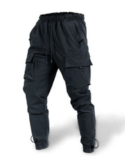 Black tech-utility cargo joggers with drawstring waist and ankle cuffs.
