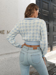 Pastel blue and white houndstooth collared crop knit sweater with ribbed hem and cuffs.