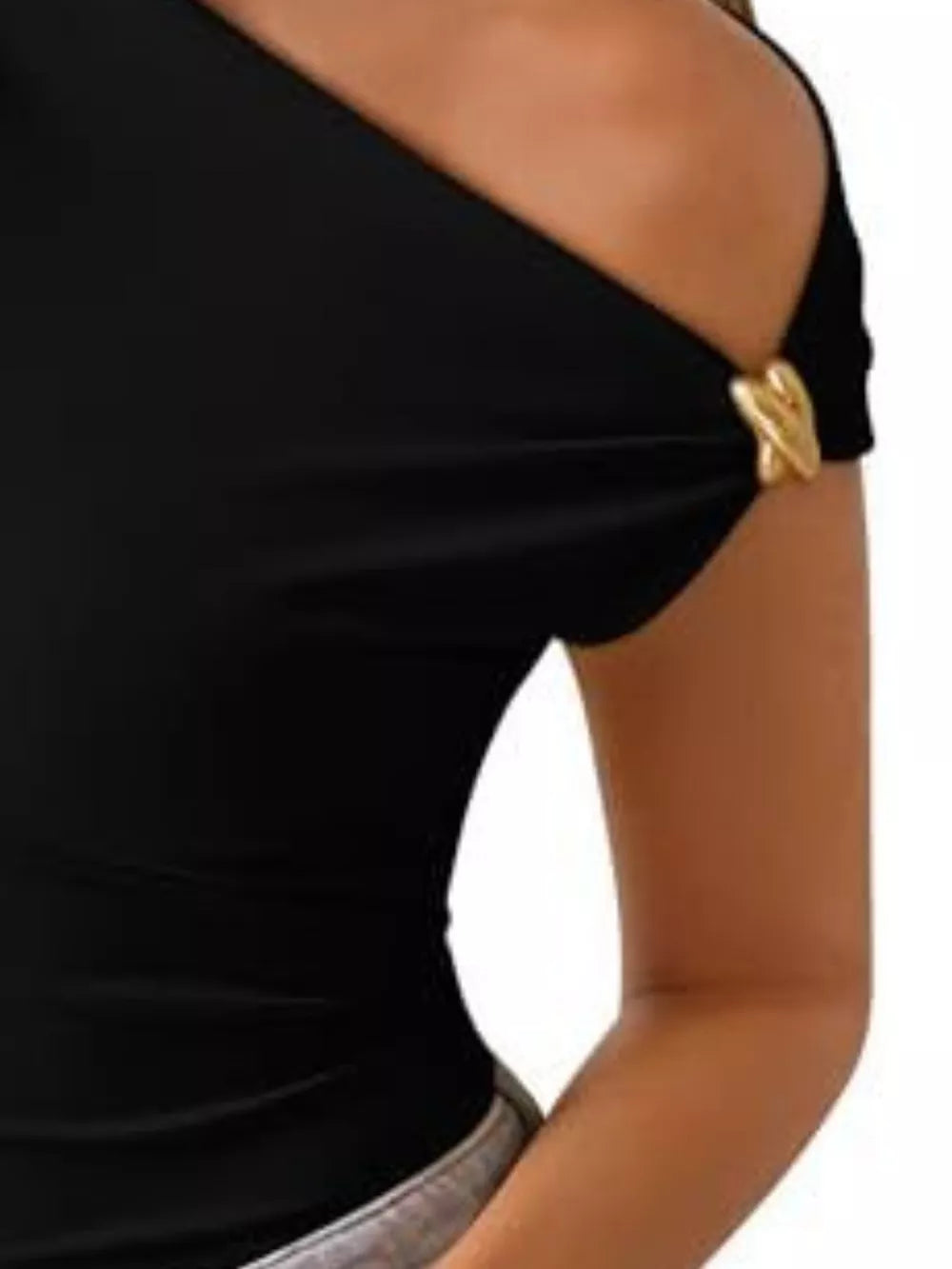 Black one-shoulder tank top with gathered detail and gold accent hardware.