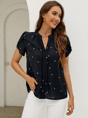 Black heart print puff sleeve blouse with V-neck