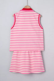 Pink and white striped cotton two-piece set with red trim and collar detail.