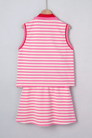 Pink and white striped cotton two-piece set with red trim and collar detail.