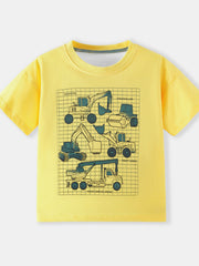 Yellow crew neck toddler t-shirt with construction vehicle graphics.
