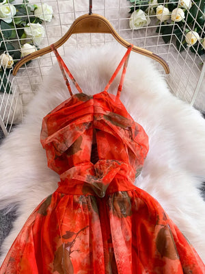 Orange Red floral mesh maxi dress with ruched bodice and spaghetti straps.