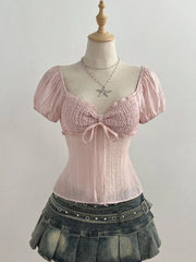 Sweetheart Neck Puff Sleeve Smocked Blouse, front view