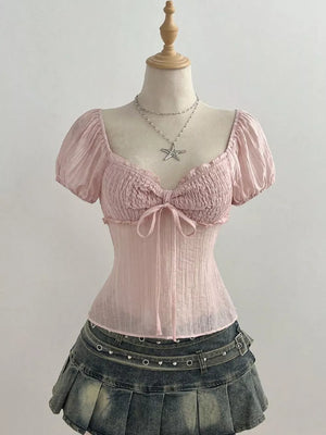 Sweetheart Neck Puff Sleeve Smocked Blouse, front view
