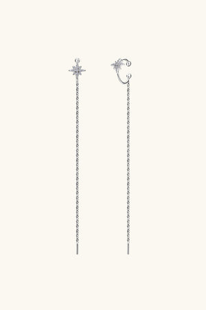 Silver threader earrings with moissanite starburst tops and long delicate chains.