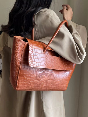 Crocodile-embossed Shoulder Bag in Brown, close-up detail