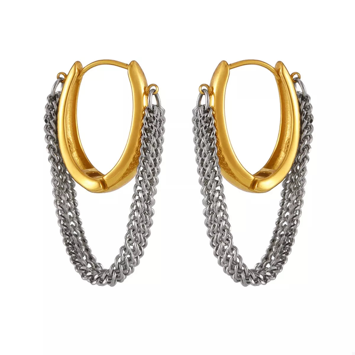 Chunky gold hoop earrings with layered silver chain fringe detail.