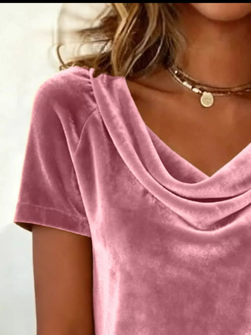 Dusty pink velvet cowl neck t-shirt with short sleeves.