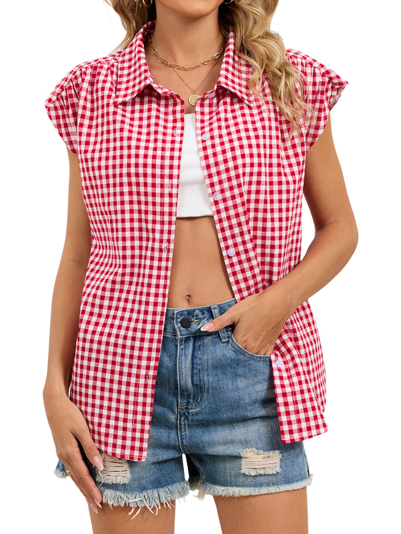 Red gingham cotton shirt with cap sleeves and button-down front