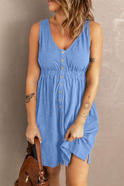Blue button-down mini dress with gathered waistline and V-neck