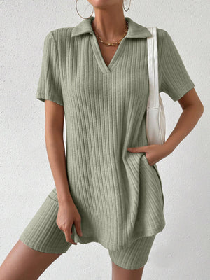 Sage ribbed polo shirt and shorts co-ord set with v-neck and collar