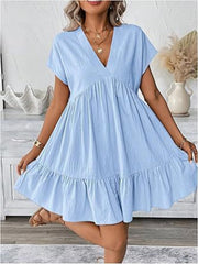 Sky blue ruffled mini dress with V-neck and short sleeves.