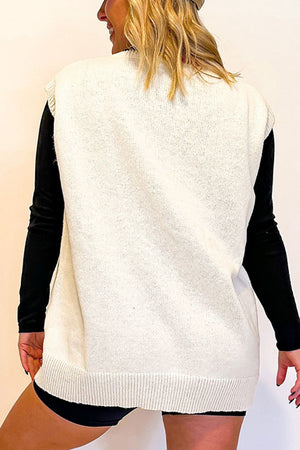White knit vest with burgundy trim, acrylic, casual, sleeveless, crew neck, ribbed hem