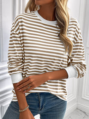 Horizontal stripe crewneck sweatshirt with white cuffs in mocha and white.