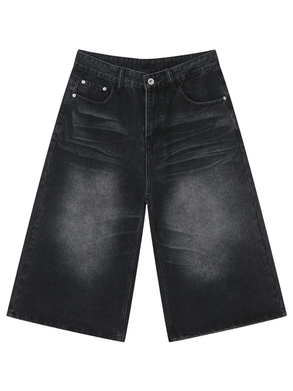 Wide-leg denim culotte shorts in washed black with buttoned fly and front pockets.