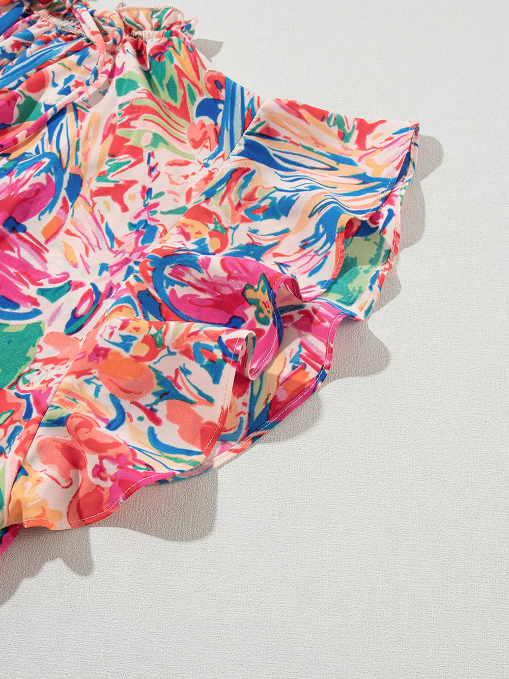 Multicolour Floral Ruffled Sleeve V Neck Blouse in Blush Pink, fabric detail