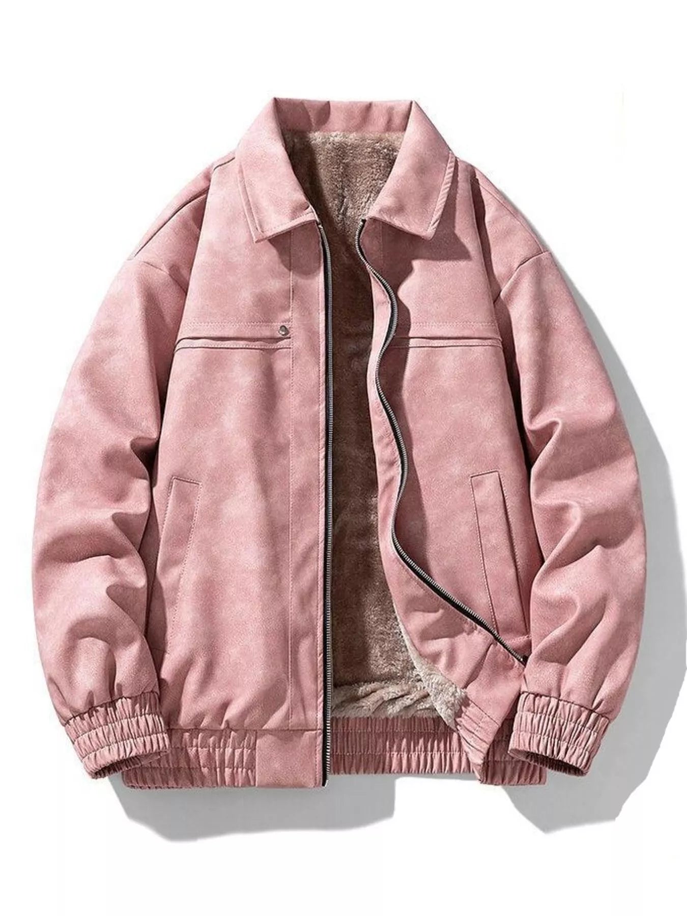Dusty pink oversized fleece lined zip jacket with collar and elastic cuffs.