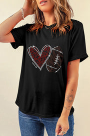 Black t-shirt with rhinestone heart and football graphic detail