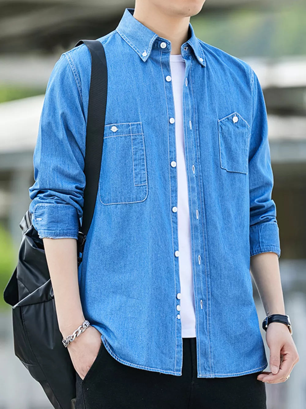 Men's classic 100% cotton denim shirt in Sky Blue with dual chest pockets and button-down closure.