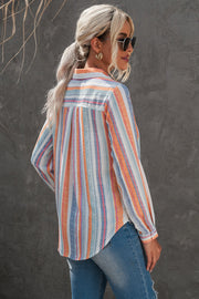 Coastal Stripe Button-Down Blouse in orange and blue with a relaxed fit and button cuffs.