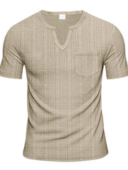 Khaki textured notch neck tee with short sleeves and a chest pocket.
