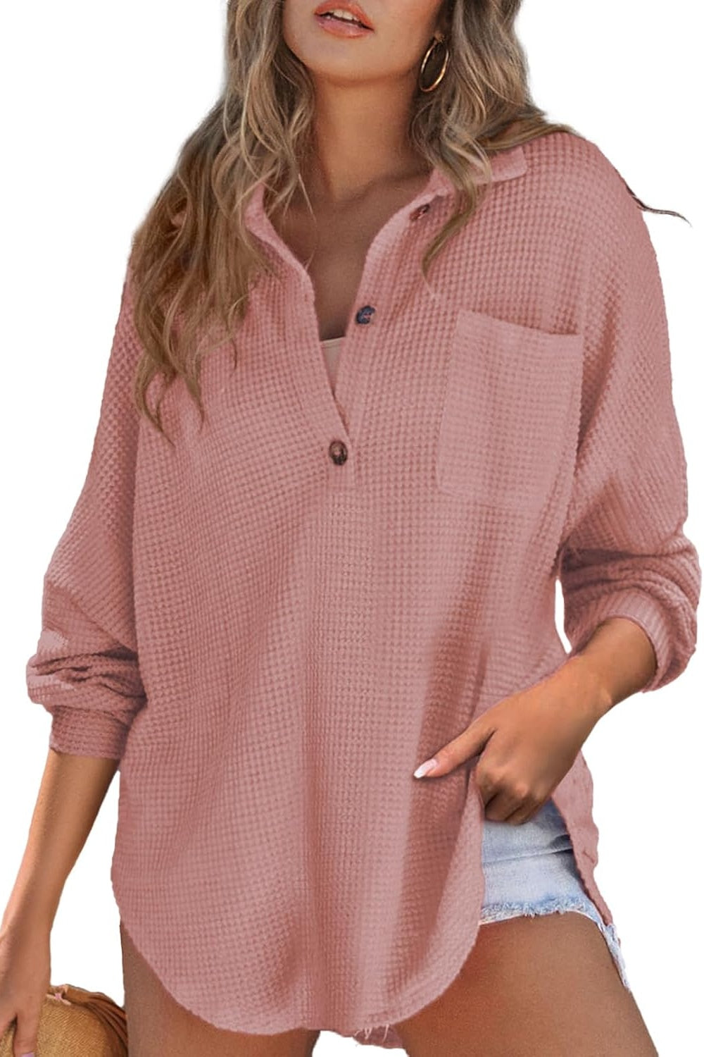 Dusty pink waffle knit henley shirt with pocket and button detail