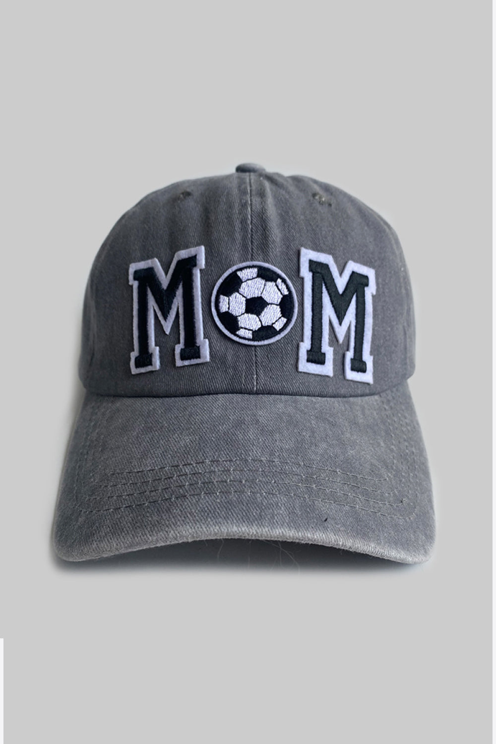 Dark Gray baseball cap with embroidered MOM and soccer ball detail