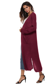Burgundy longline knit cardigan with side slits and pockets