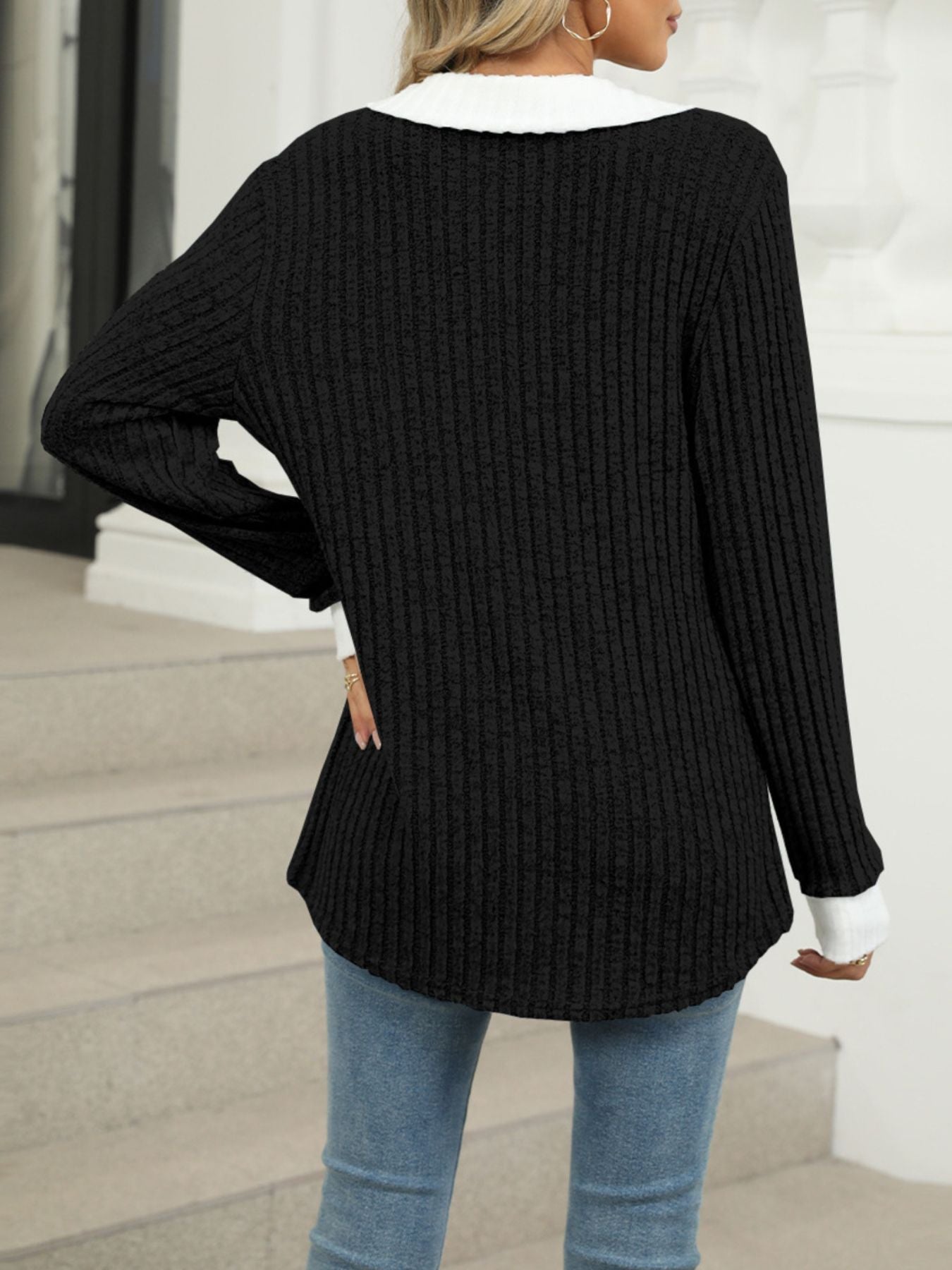 Black ribbed knit long sleeve t-shirt with white collar and cuffs, casual women's top
