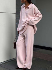 Pink knit polo collar sweater and wide-leg pants set