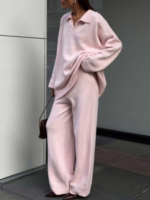 Pink knit polo collar sweater and wide-leg pants set
