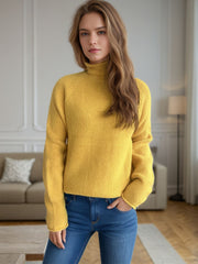 Yellow ribbed turtleneck sweater with raglan sleeves, acrylic knit.