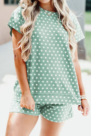 Green polka dot pajama set with crew neck top and shorts