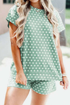 Green polka dot pajama set with crew neck top and shorts