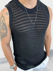 Black openwork knit tank top with crew neck and sleeveless design.