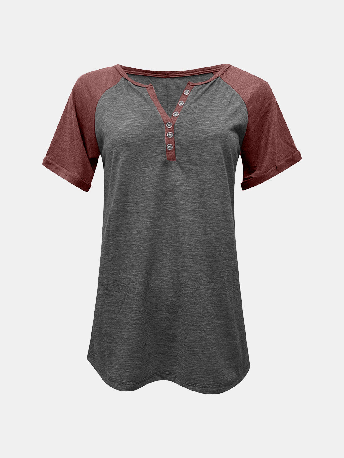 Raglan sleeve henley tee in gray with burgundy sleeves and button detail