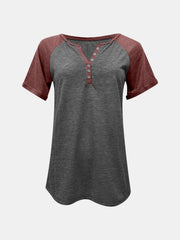 Raglan sleeve henley tee in gray with burgundy sleeves and button detail
