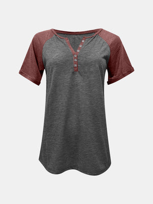 Raglan sleeve henley tee in gray with burgundy sleeves and button detail