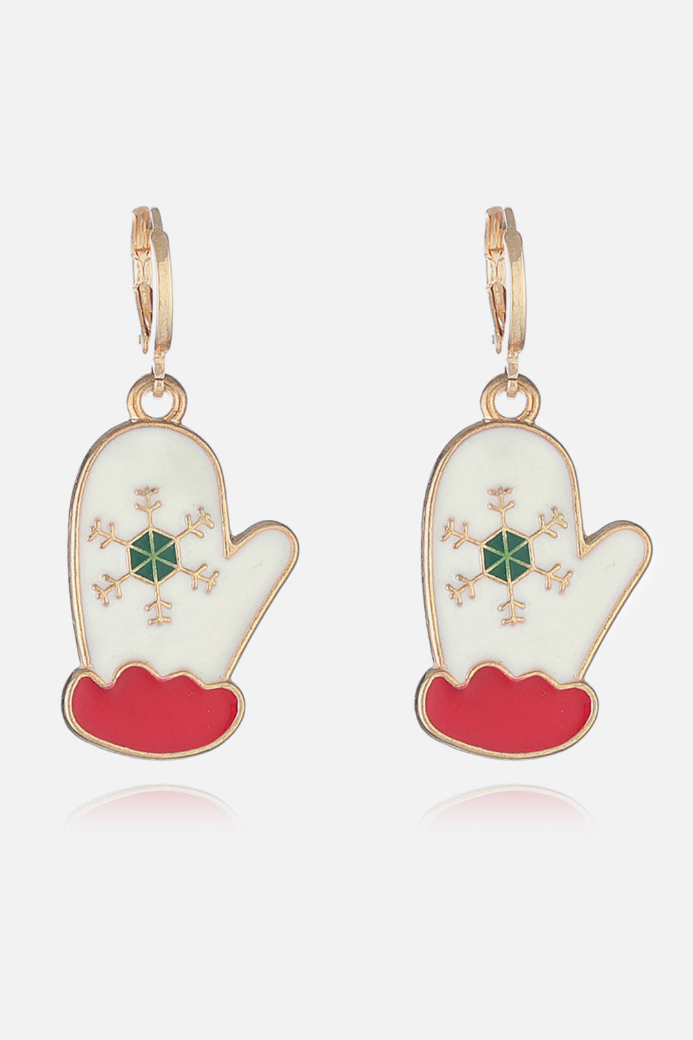 Festive white mitten hoop earrings with red cuff and snowflake detail.