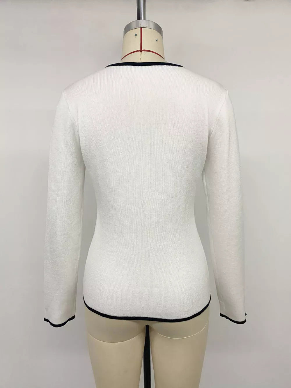 Contrast Trim Button Decor Knit Top in White, view 13