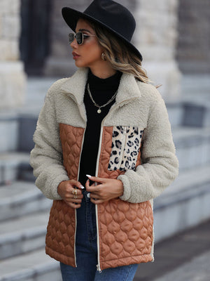 Teddy & quilted panel zip jacket in tan and cream with leopard print pocket detail.