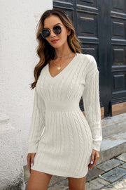 White cable knit mini sweater dress with V-neck and defined waist