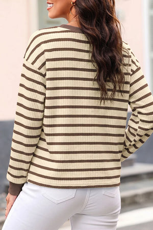 Stripe Patchwork Ribbed Cuff Pullover Sweatshirt in Beige, fabric detail