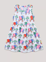 White sleeveless toddler dress with colorful elephant print and floral accents.