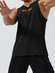 Black performance tank top with orange graphic inscription "BEAT O SELF" and Chinese characters.