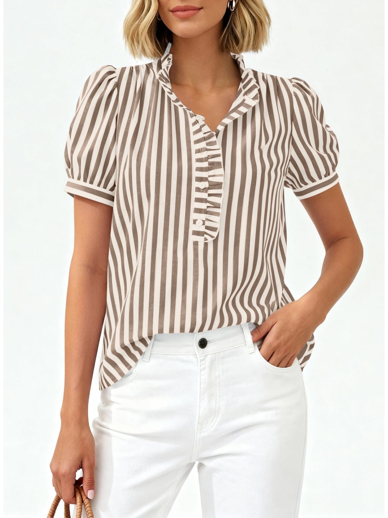 Brown and white striped blouse with ruffled collar, puff sleeves, and button front.