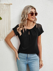 Black polyester blouse with keyhole neckline and lace cap sleeves