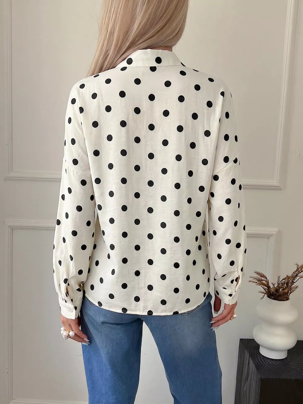Polka Dot Button-up Shirt in Beige, back view
